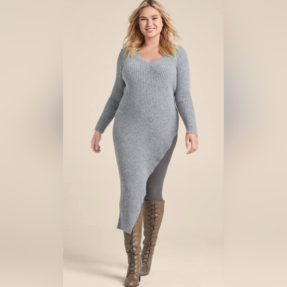 Venus Asymmetrical Maxi Gray Sweater Dress, Size 3X - Picture 4 of 9